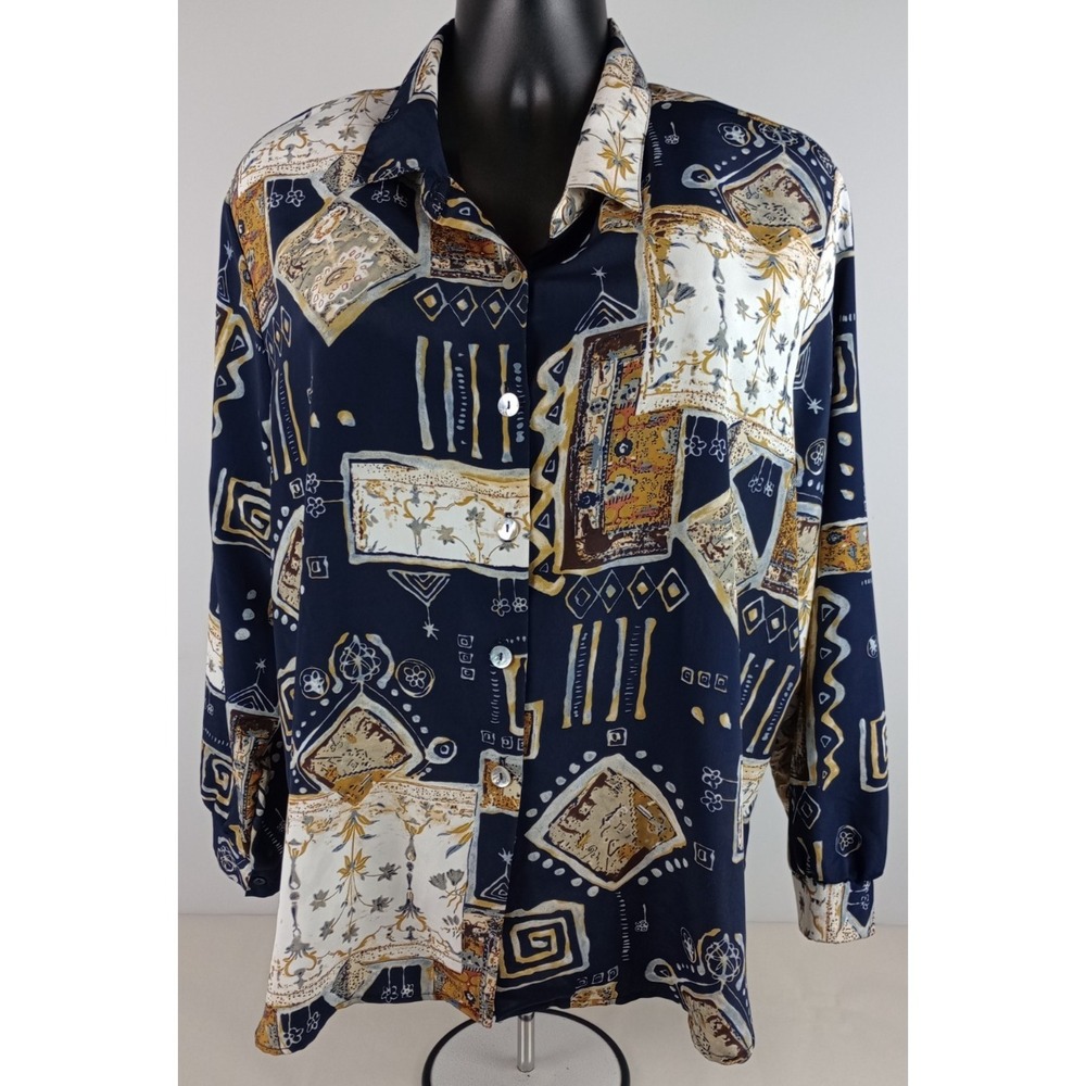 VTG‎ Joanna Womens 24 Navy Tan Abstract Button Down Long Sleeve Blouse